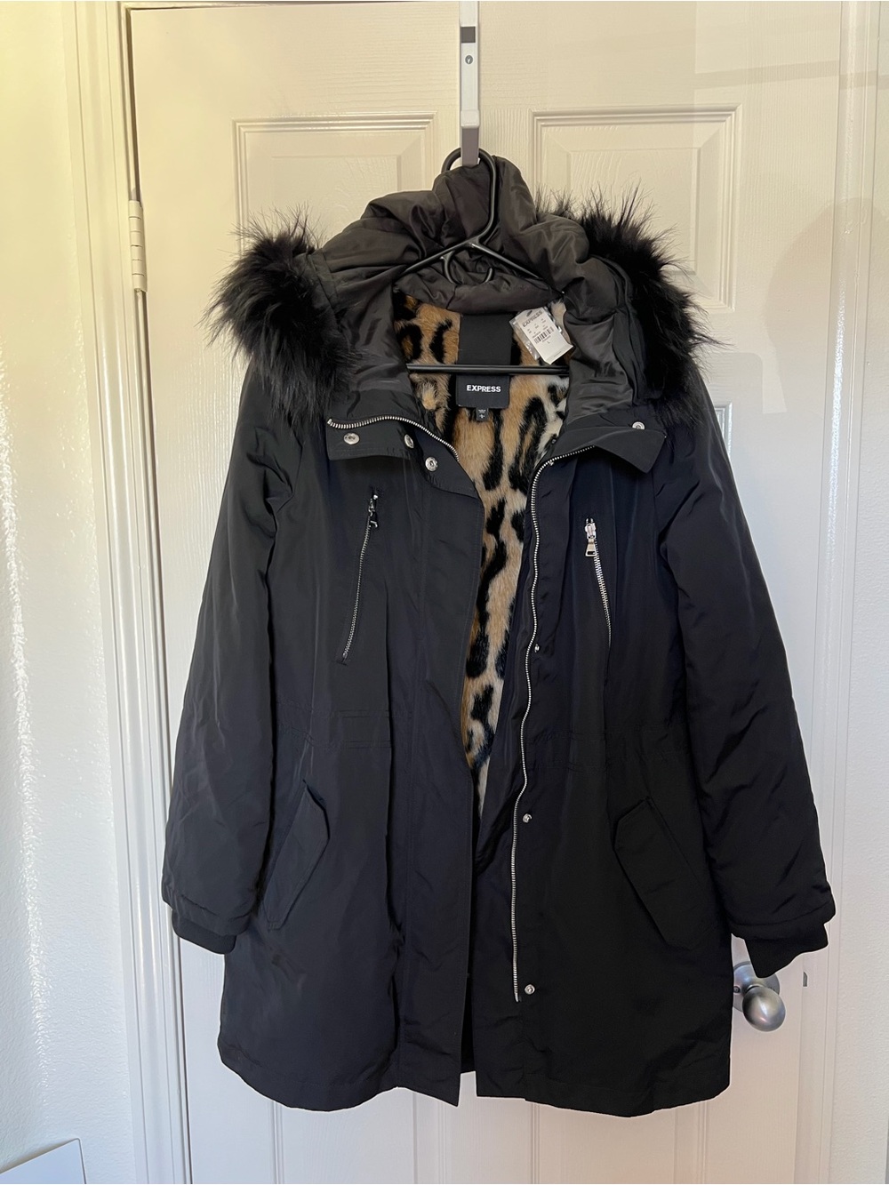 Express Black Parka with Faux-Fur Trim and Leopard Inner Lining